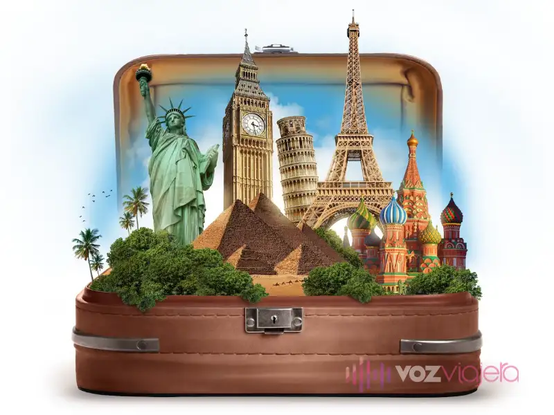 Maleta con destinos populares de viajes.