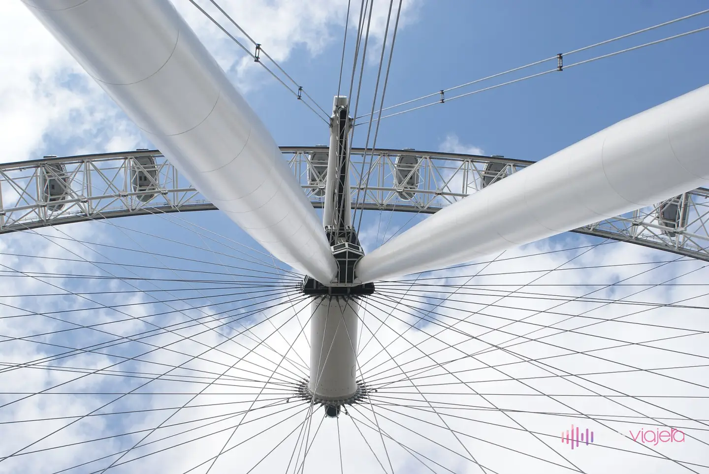 El eje central del London Eye visto desde abajo: las 2 patas blancas del armazón que lo sujetan por un solo lado, los radios de cable que salen del buje y el aro con las cápsulas contra el cielo azul