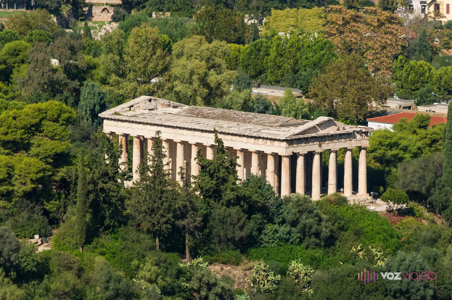 El Templo de Hefesto visto desde lo alto de la Acrópolis, entero y de perfil sobre su colina, rodeado por los pinos y los cipreses del Ágora Antigua y con casas del barrio al fondo a la derecha