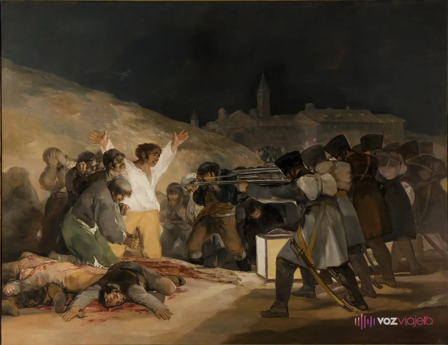 El 3 de mayo en Madrid de Goya: el pelotón de soldados franceses apunta a un hombre con camisa blanca y los brazos abiertos, junto a una lámpara en el suelo