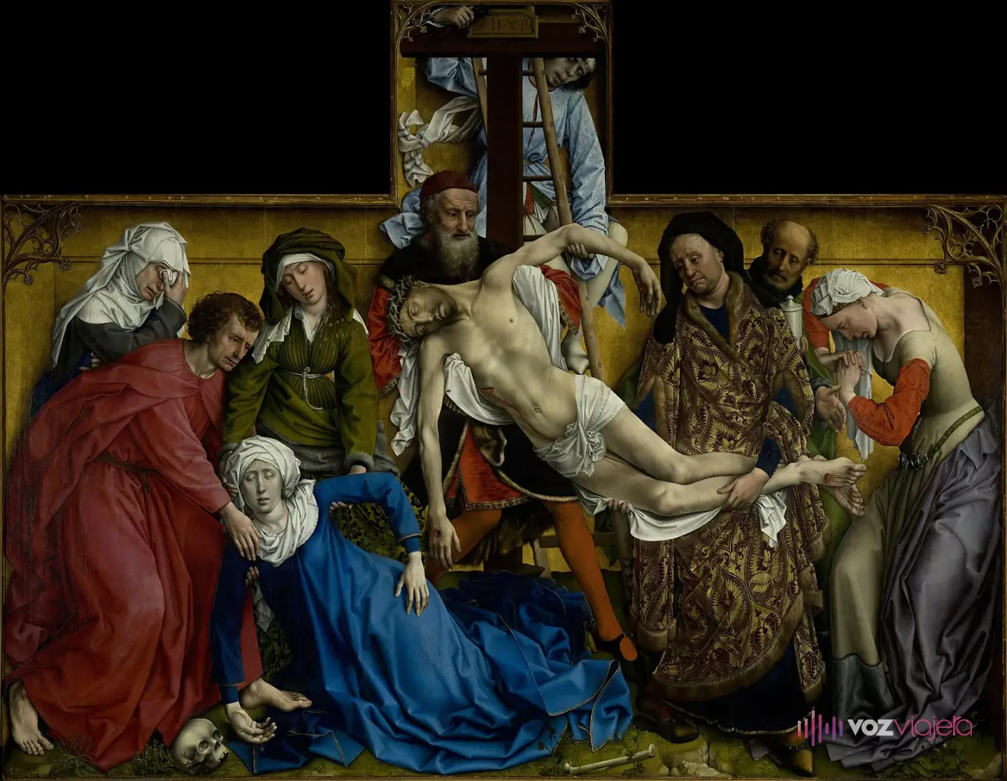 El Descendimiento de Rogier van der Weyden: Cristo bajado de la cruz, la Virgen desmayada y las demás figuras sobre un fondo dorado liso