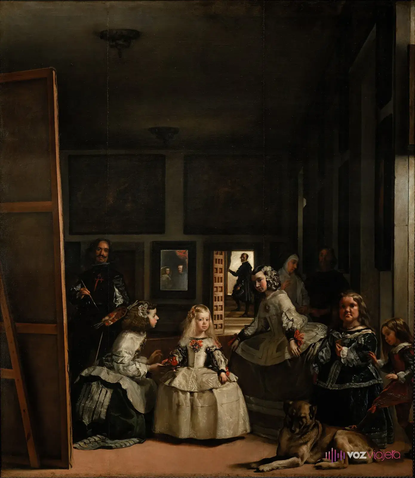Las meninas de Velázquez: la infanta Margarita en el centro con sus damas, el pintor a la izquierda ante un gran lienzo y el espejo al fondo