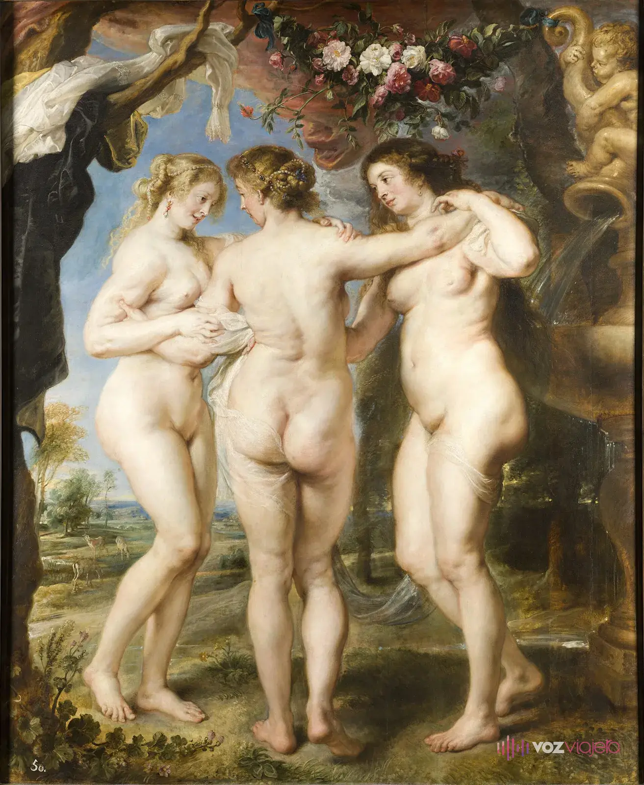 Las tres Gracias de Rubens: tres mujeres desnudas de pie y abrazadas, bajo una guirnalda de flores, con un paisaje al fondo