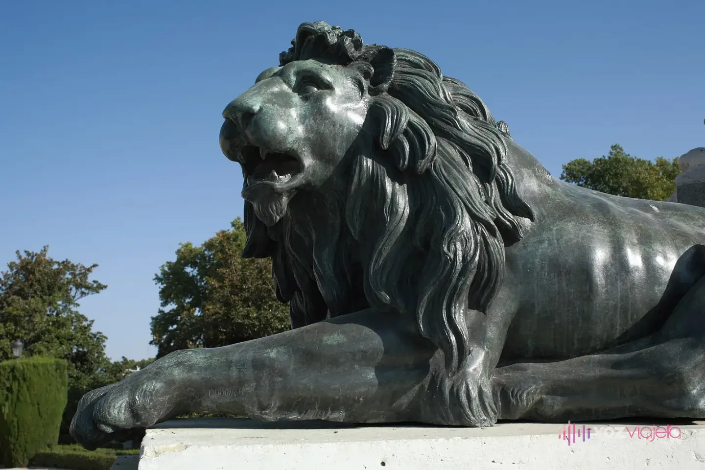 Uno de los 4 leones de bronce tumbados en las esquinas del monumento a Felipe IV, de perfil y con la melena en primer plano