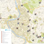 Mapa turístico del centro de Roma con el Tíber, el Vaticano, el Coliseo y Villa Borghese, y 26 monumentos marcados de la A a la Z con su foto