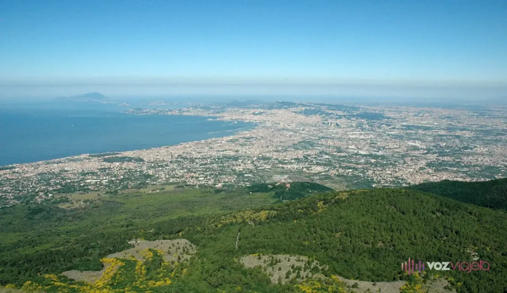 Nápoles y su bahía vistas desde lo alto del Vesubio: laderas con árboles y manchas de retama amarilla en primer plano, la ciudad extendida por la costa en medio e islas en el horizonte brumoso