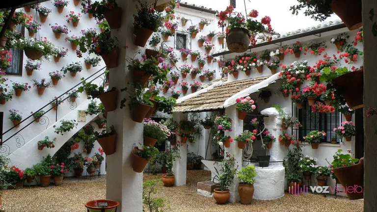 Patio cordobés encalado con decenas de macetas de geranios colgadas en las paredes, escalera exterior y un pozo blanco en el centro