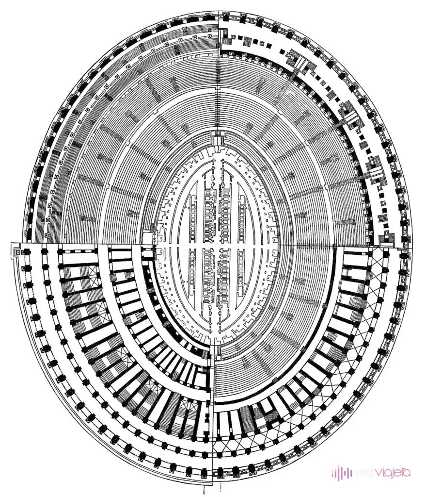 Plano en blanco y negro del Coliseo con los pasillos de los subterráneos dibujados en el centro de la arena, rodeados por los anillos de gradas y las arquerías exteriores